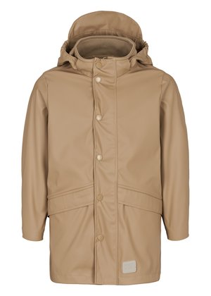 Beige vanntett jakke med hette, med trykknapper, sidelommer og en fast tekstur. Designet for utendørs bruk.