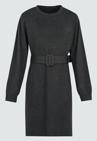 Robe en tricot gris foncé avec des manches longues, un col rond et une ceinture assortie avec une boucle carrée à la taille.
