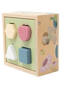 Wooden shape-sorting toy with four colorful shapes (hexagon, heart, triangle, square) on a pastel green base, featuring playful animal designs.