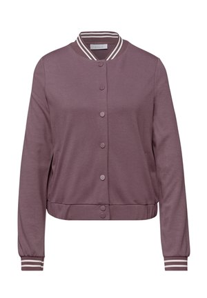 Veste bomber mauve à boutons, avec col et poignets côtelés ornés de rayures blanches, et ourlet élastiqué.