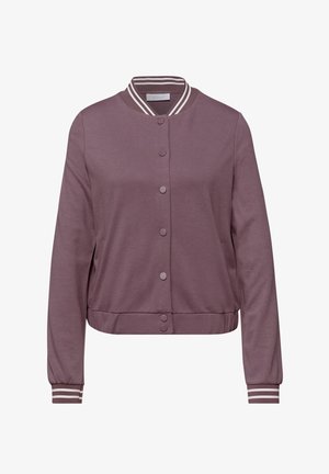 Veste bomber mauve à boutons, avec col et poignets côtelés ornés de rayures blanches, et ourlet élastiqué.