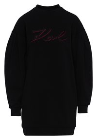 Robe sweat-shirt noire avec manches longues bouffantes et col montant. Présente un texte brodé rouge "Karl" sur le devant. Texture douce.