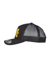 Black trucker cap with yellow "M" logo, mesh back, curved visor, and adjustable snap closure. Features a textured fabric design.