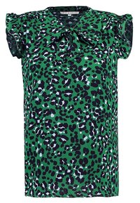 Zelená halenka s leopardím potiskem, krátkými volánkovými rukávy, detailem mašle na přední straně a lehkou, strukturovanou tkaninou.