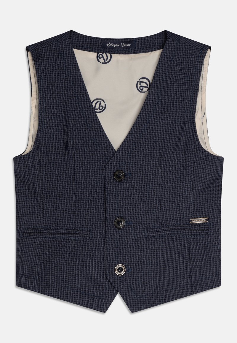 Gilet à carreaux bleu foncé avec un col en V, deux poches avant et trois boutons. Doublé d'un tissu crème clair avec un motif logo subtil.