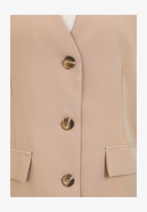 Light pink vest with four large, marbled buttons, smooth texture, and two side pockets. Simple design with a tailored fit.