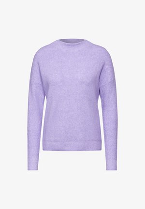 Lila Strickpullover mit langen Ärmeln, Rundhalsausschnitt, strukturiertem Muster und geripptem Saum. Aus weichem Stoff für hohen Tragekomfort.