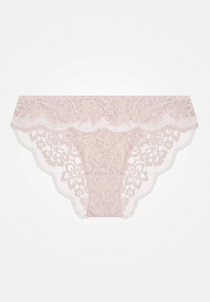 Lace panties in soft pink with floral patterns, sheer material, scalloped edges, and delicate trim details along the waistband and leg openings.