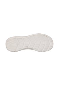 Suela blanca de zapato con ranuras y crestas texturizadas para tracción. Presenta una punta suave y redondeada y bordes reforzados para mayor durabilidad.