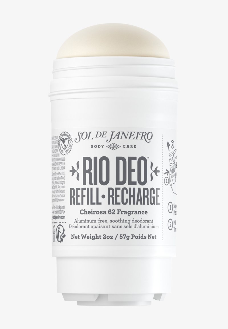 Déodorant en stick blanc étiqueté Sol de Janeiro Rio Deo Refill Recharge, parfum Cheirosa 62, sans aluminium, poids net 2 oz, avec instructions d'utilisation.