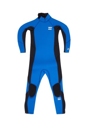 Traje de neopreno azul y negro de cuerpo entero con mangas largas, rodilleras y logotipos impresos en el pecho, el brazo y la parte inferior de la pierna.