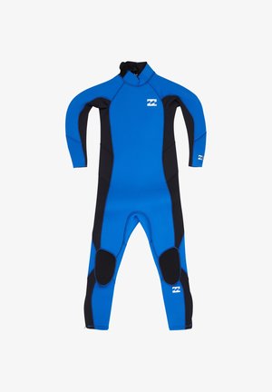 Traje de neopreno azul y negro de cuerpo entero con mangas largas, rodilleras y logotipos impresos en el pecho, el brazo y la parte inferior de la pierna.