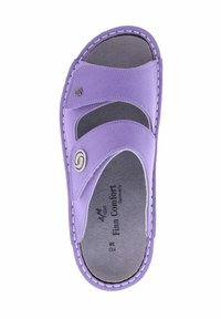 Purple slide sandal with three adjustable straps, soft suede material, and gray insole. Features subtle stitching and metal accents.