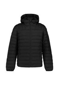 Sort pufferjakke med hætte, med kviltet design, lynlåslukning foran og elastiske manchetter. Let, isoleret og elegant.