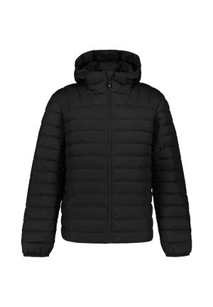 Schwarze Steppjacke mit Kapuze, ausgestattet mit einem gesteppte Design, Frontreißverschluss und elastischen Bündchen. Leicht, isoliert und elegant.