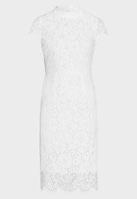 Robe en dentelle blanche, longueur genou, avec un col haut et des manches courtes. Présente des motifs floraux et un ourlet festonné pour plus de texture.