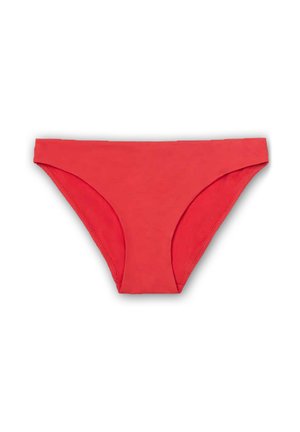 Parte inferiore di bikini rossa con una texture liscia, taglio basso e bordi senza cuciture, caratterizzata da un design classico adatto per l'abbigliamento da mare.