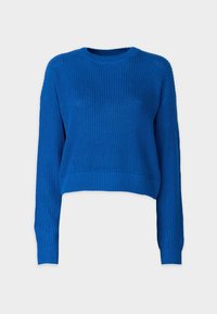 Maglione a collo rotondo, corto e lavorato a maglia di colore blu, con un texture a coste e maniche lunghe. Presenta un design a tinta unita senza motivi.