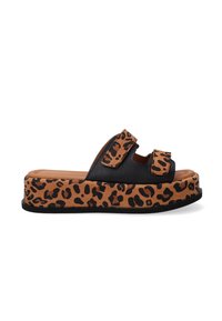 Platformové sandály s černými horními popruhy a světle hnědou základnou s leopardím vzorem. Popruhy s uzavíráním na suchý zip pro nastavení velikosti.