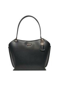 Borsa in pelle nera con forma curva, doppi manici e dettagli in metallo dorato. Presenta una placca con il logo e un piccolo portachiavi in pelle come accento.