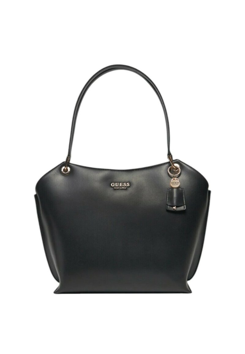 Borsa in pelle nera con forma curva, doppi manici e dettagli in metallo dorato. Presenta una placca con il logo e un piccolo portachiavi in pelle come accento.