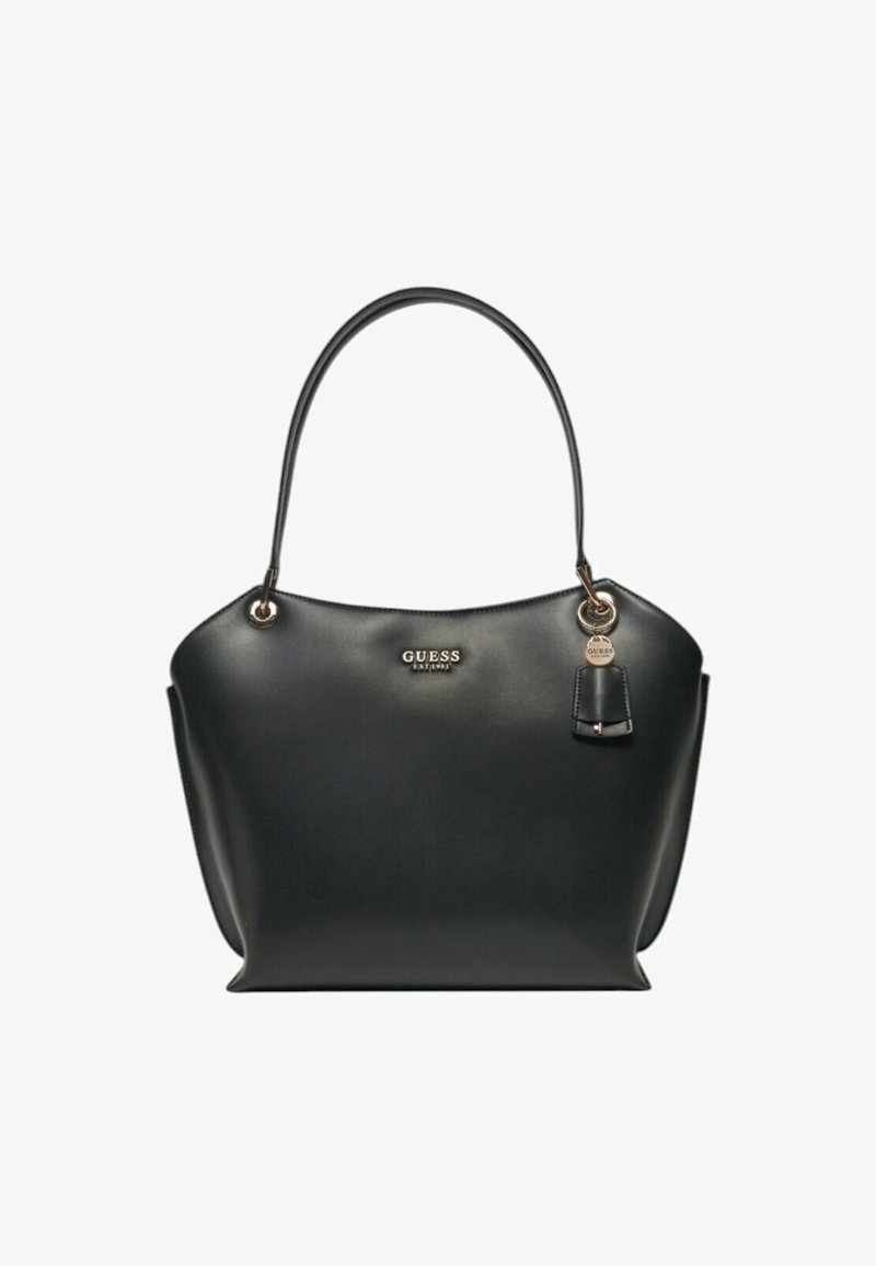 Borsa in pelle nera con forma curva, doppi manici e dettagli in metallo dorato. Presenta una placca con il logo e un piccolo portachiavi in pelle come accento.