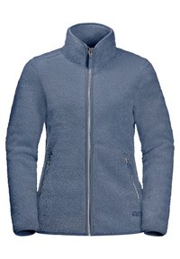 Kurtka polarowa w delikatnym niebieskim kolorze, wyposażona w wysoki kołnierz, pełny zamek z przodu oraz dwie boczne kieszenie na zamek. Teksturowana powierzchnia z długimi rękawami.