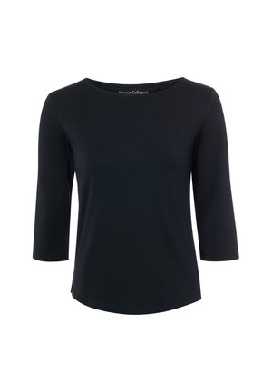 Schwarzes Langarmoberteil mit rundem Ausschnitt und weicher, glatter Textur. Verfügt über einen dezenten, geschwungenen Saum und Seitenschlitze für Komfort.