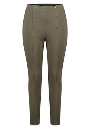 Pantalons slim fit vert olive avec taille haute et six boutons décoratifs dorés en deux rangées verticales sur le devant.