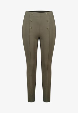 Pantalons slim fit vert olive avec taille haute et six boutons décoratifs dorés en deux rangées verticales sur le devant.