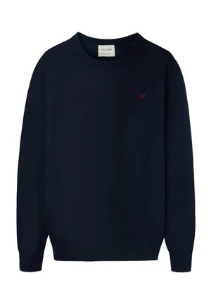 Maglione blu navy realizzato in morbido tessuto a maglia. Presenta un colletto rotondo, maniche lunghe e un piccolo dettaglio con logo rosso sul petto.