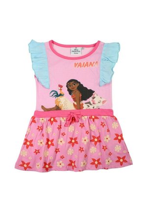 Robe rose Vaiana pour filles avec manches bleues à volants, jupe fleurie, et personnages Vaiana, coq et cochon sur le corsage.