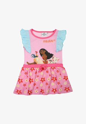 Robe rose Vaiana pour filles avec manches bleues à volants, jupe fleurie, et personnages Vaiana, coq et cochon sur le corsage.