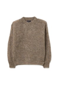 Beige gebreide trui met een ronde hals, brede ribbelstructuur en lange mouwen. Het materiaal lijkt zacht en warm, geschikt voor koel weer.