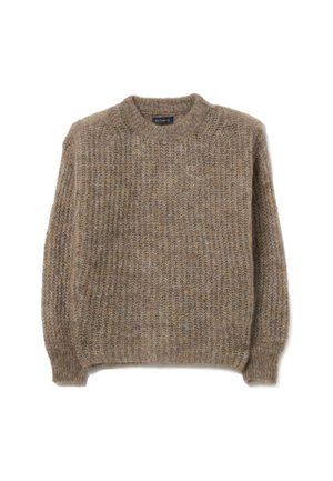 Beige knitted sweater with a round neck, wide ribbed texture, and long sleeves. Material appears soft and warm, suitable for cool weather.