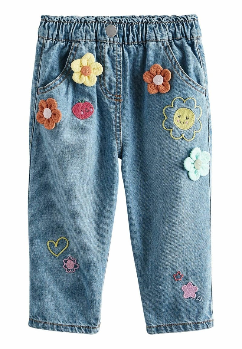 Pantalon en denim avec une ceinture élastique, orné de fleurs brodées multicolores, de baies et de formes sur les poches avant et les jambes.
