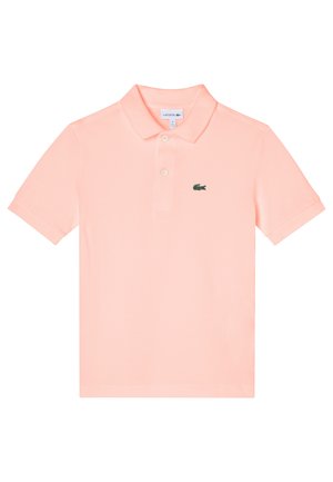 Polo skjorte i lyserød bomuld med klassisk krave, to-knap lukning, korte ærmer og et grønt broderet krokodillelogo på brystet.