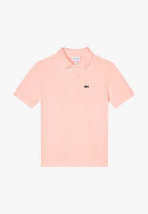 Polo shirt in lichtroze katoen met een klassieke kraag, een knoopsluiting met twee knopen, korte mouwen en een groen geborduurd krokodillenlogo op de borst.