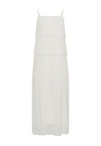 Robe midi blanche plissée sans manches avec corsage à couches et bretelles spaghetti sur fond blanc uni.