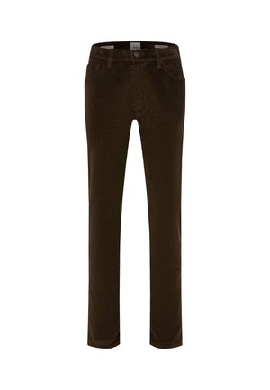 Pantaloni in velluto a coste marroni con taglio dritto, dotati di tasche laterali e chiusura con bottone frontale. Texture morbida e motivo a righe verticali.