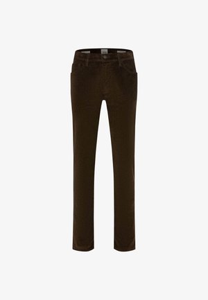 Braune Cordhosen mit geradem Schnitt, ausgestattet mit Seitentaschen und einem vorderen Knopfverschluss. Weiche Textur und vertikales Rippmuster.