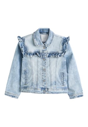 Lyseblå denimjakke med trykknapper foran, to sidelommer, en krave og flæsedetalje over bryst og skuldre.