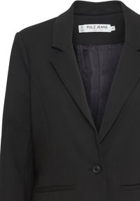 Veste noire à un bouton avec revers crantés et deux poches fendues à l'avant, étiquette Pulz Jeans, taille 36.