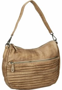 Bruine leren schoudertas met een gestructureerde afwerking, voorzien van een horizontaal ritssluitingvak en een platte band voor gemakkelijk dragen.