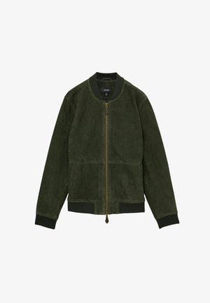 Zelená semišová bomber bunda se zipem vpředu, žebrovanými manžetami a přiléhavým lemem. Obsahuje minimální švy a jemnou texturu.