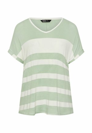 Korte mouwen V-hals top met brede horizontale mintgroene en witte strepen en omgeslagen mouwen, merk "Yours".