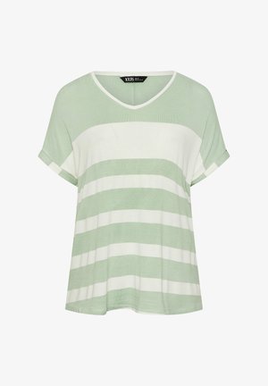 Kurzärmeliges V-Ausschnitt-Oberteil mit breiten horizontalen mintgrünen und weißen Streifen und umgeschlagenen Ärmeln, Marke "Yours".