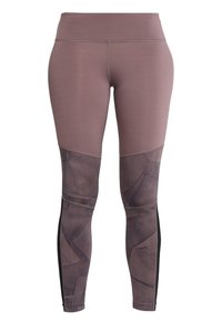 Fialové sportovní legíny s vysokým pasem, které mají vzorovaný dolní díl v tmavých tónech a kontrastní černé boční panely.