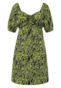 Grün und schwarz gemustertes Kleid mit kurzen Puffärmeln, einem quadratischen Ausschnitt und einem zentralen Schleifendetail, aus einem strukturierten Stoff gefertigt.