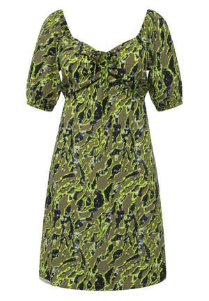 Vihreä- ja mustakuosisessa mekossa on lyhyet puhvihihat, neliönmuotoinen pääntie ja keskellä kauniisti sidottu nauha, ja se on valmistettu teksturoidusta kankaasta.